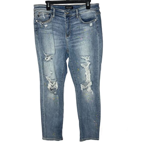 Judy Blue Boyfriend Fit Light Blue Wash Distressed Paint Speckle Jeans Sz 15/32 - Picture 1 of 12